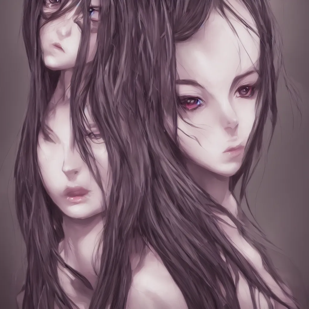 Image similar to portrait of a beautiful anime goth girl, detailed, symmetrical features, award winning, digital painting, artstation, concept art, smooth, sharp focus, illustration,