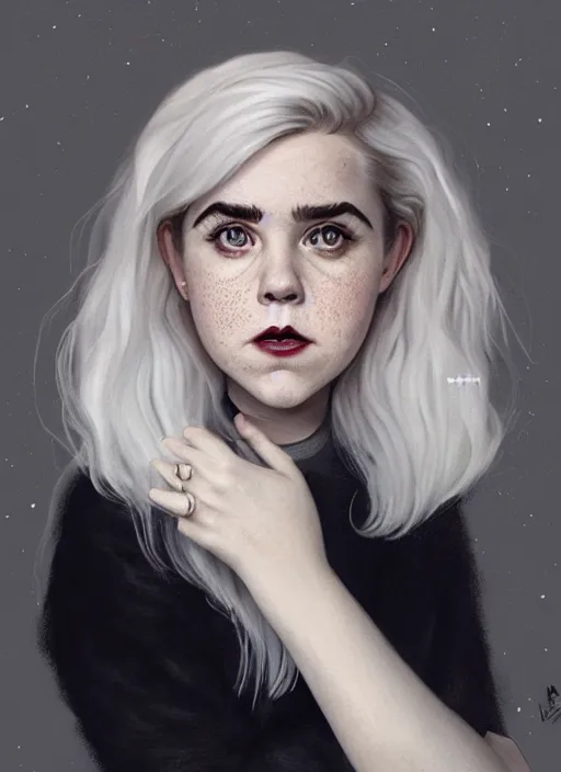 Image similar to full body portrait, kiernan shipka as sabrina spellman, white hair, obese, bangs, sultry, realistic, sultry smirk, fluffy bangs, freckles, fat, belly, intricate, elegant, highly detailed, digital painting, artstation, concept art, smooth, sharp focus, illustration, art by wlop, mars ravelo and greg rutkowski