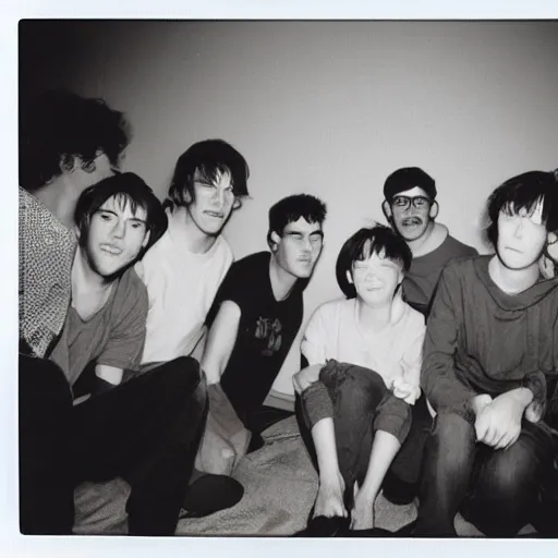 Image similar to A group of outcasts having a moment of nostalgia in their cramped basement, 90s Film Photo, Polaroid, Flash Photography, 40mm lens, Award Winning, 8k Film Scan