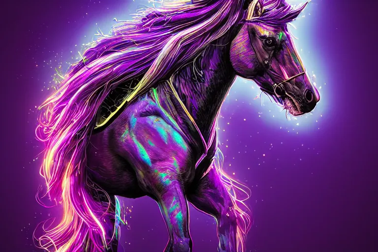 Image similar to a stunning horse with bioluminescent mane and tail running by sandra chevrier and greg rutkowski, neon hooves, purple blue color scheme, vaporware, retro, outrun, high key lighting, volumetric light, digital art, highly detailed, fine detail, intricate, ornate, complex, octane render, unreal engine, photorealistic