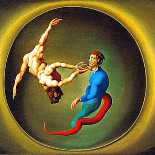 Prompt: optical illusion painting of a couple dancing in a worm hole, illusionism, mind blow, by michelangelo and salvador dali, detailed