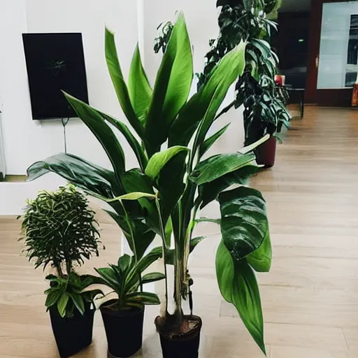 Image similar to plants for hire as office interns. working plants, plants in business casual outfits. plants wearing pants.