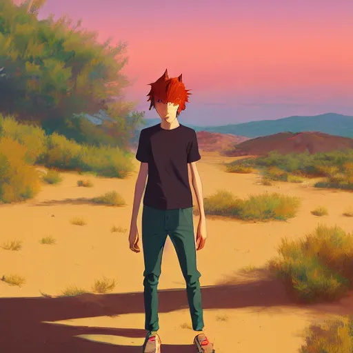 Prompt: red haired teen boy, desert in the background, highly detailed, digital painting, by makoto shinkai and thomas kindle and James gilleard