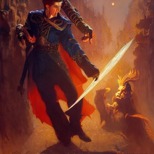 Image similar to stunning male master wizard fighting vampire, highly detailed painting by gaston bussiere, craig mullins, j. c. leyendecker, 8 k