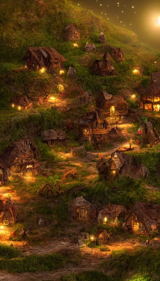 Image similar to a ground photo of a goblin village near a river at night, photorealistic, 8k, high detail, high quality, dramatic lighting, HDR