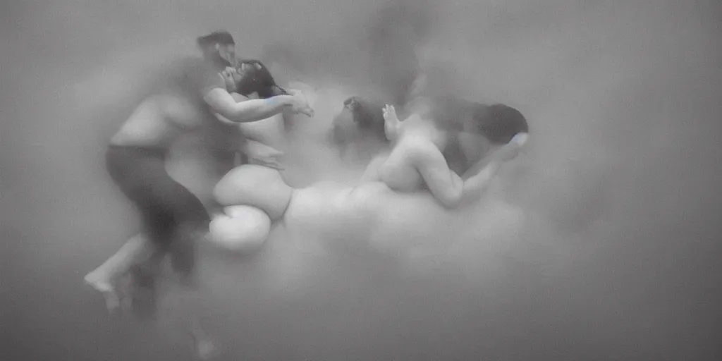 Prompt: flying fat hairy human bodies intertwined in an uneven fog in the style of nobuyoshi araki and klimt