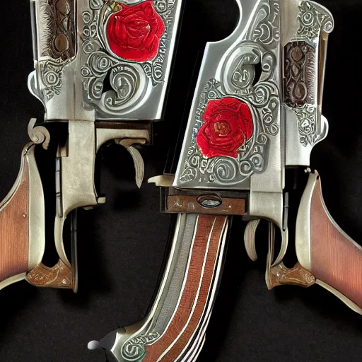 Prompt: an elegant victorian set of dueling pistols decorated with an apple theme