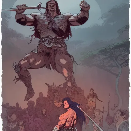 Prompt: conan the barbarian in the park, surrounded by children, illustration, wide shot, subtle colors, concept art by josan gonzales and wlop, laurie greasley, jordan grimmer and james jean, highly detailed, sharp focus, trending on artstation, hq, deviantart, art by artgem