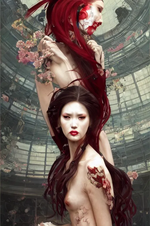 Image similar to > professional dynamtic portrait of female an agile geisha cyberpunk in a dynamic pose , armor elements , long red hair, beautiful bone structure, symmetrical facial features, intricate, elegant, digital painting, concept art, smooth, sharp focus, illustration, by Ruan Jia and Mandy Jurgens , and mucha, and Artgerm and William-Adolphe Bouguerea