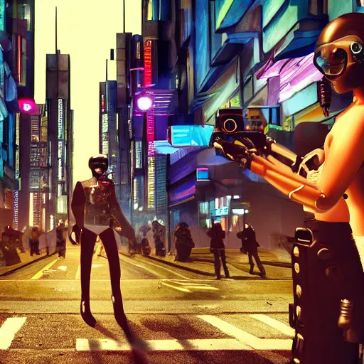 Image similar to realistic, symmetrical, cyberpunk city, man and women in love in a gunfight with robot police.