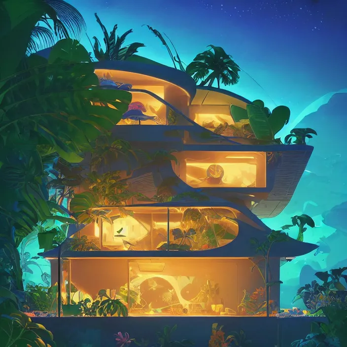 Image similar to a bioluminescent tropical cottage by paolo eleuteri serpieri and tomer hanuka and chesley bonestell and daniel merriam and tomokazu matsuyama, unreal engine, high resolution render, featured on artstation, octane, 8 k, highly intricate details, vivid colors, vector illustration