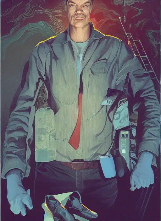 Prompt: Twin Peaks poster artwork by Michael Whelan and Tomer Hanuka, Karol Bak of portrait of Michael Shannon!! the local mechanic clerk discovering aliens, from Twin Peaks, clean, simple illustration, nostalgic, domestic, full of details, by Makoto Shinkai and thomas kinkade, Matte painting, trending on artstation and unreal engine