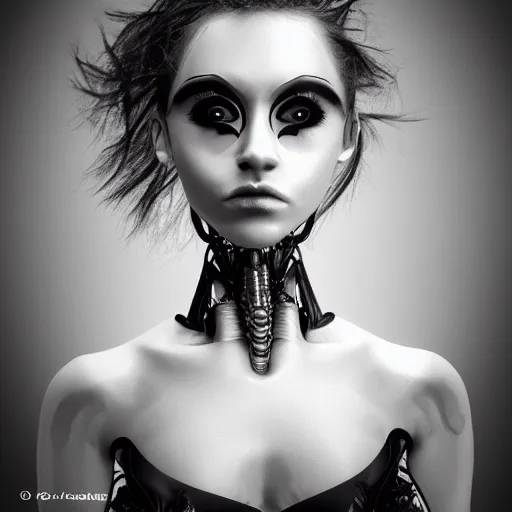 Image similar to a female model by chacarcter creator, photorealistic, biomechanical, intricate details, hyper realistic, canon r 3, photography, wide shot, photography, photorealistic, canon r 3, photography, wide shot, photography, dark beauty, symmetrical features