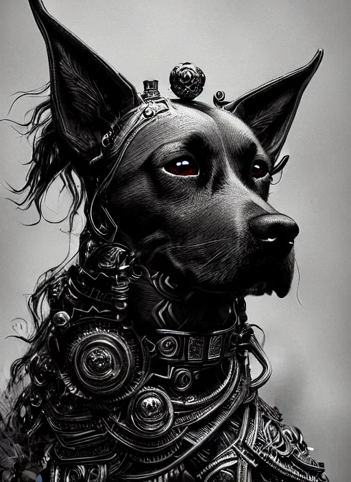 Image similar to dog as a god with flow hair and green eyes, very detailed face, black and white, detailed features, fantasy, circuitry, explosion, dramatic, intricate, elegant, highly detailed, digital painting, artstation, concept art, smooth, sharp focus, illustration, art by gustave dore, octane render