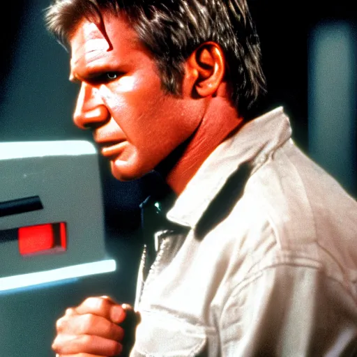 Image similar to head and shoulders portrait 3 5 mm cinema still of harrison ford playing the role of the terminator