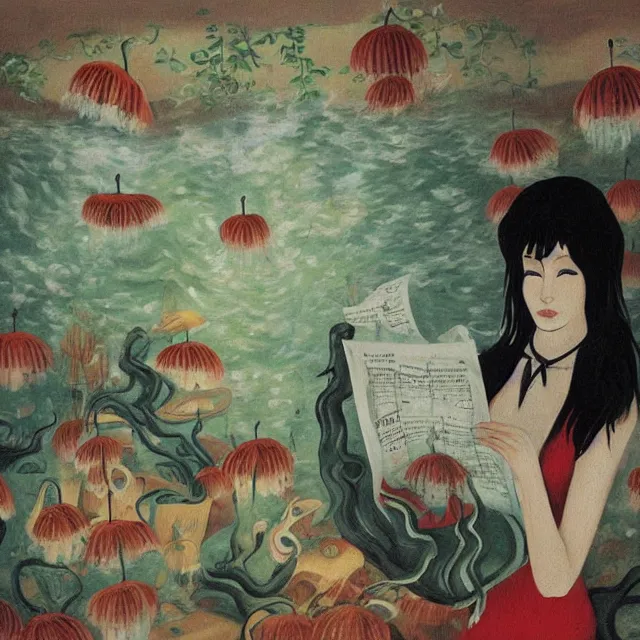 Image similar to tall female catgirl artist holding sheet music in her flooded apartment, pomegranates, octopus, water gushing from ceiling, painting of flood waters inside an artist's apartment, a river flooding indoors, mushrooms, ikebana, zen, rapids, waterfall, black swans, canoe, berries, acrylic on canvas, surrealist, by magritte and monet