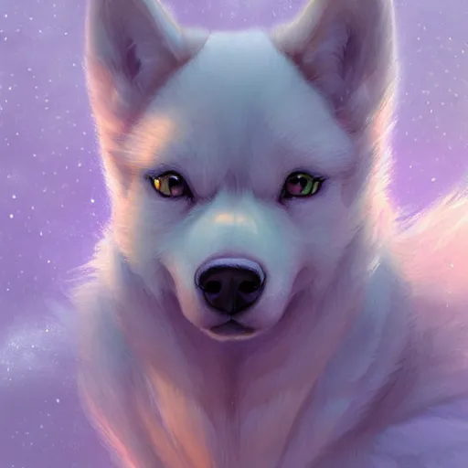 Image similar to aesthetic portrait commission of a furry husky with lavender and pastel pink colored cozy soft pastel winter outfit, short depth of field close up shot hyper-detailed, soft snowy winter Atmosphere. Character design by charlie bowater, ross tran, artgerm, and makoto shinkai, detailed, inked, western comic book art, 2021 award winning painting
