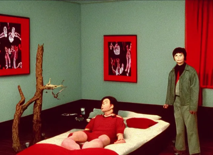 Image similar to Still frame the retro Twin Peaks, depicting the red room scene from Twin Peaks, a little man and a dead tree are in the room, directed by Nobuhiko Obayashi