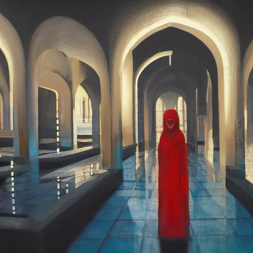 Image similar to beautiful woman, courtyard, capital, mosque interior, reflections, control panel, watcher, omniscient, tech noir, few neon signs, matte painting, speed painting, chiaroscuro, oil on canvas