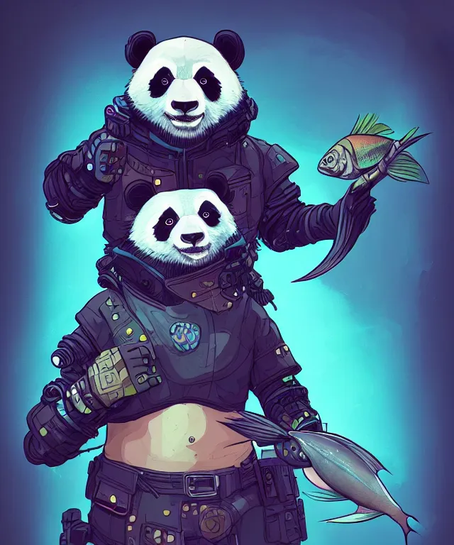 Image similar to a portrait of a cyberpunk panda holding a fish, fantasy, elegant, digital painting, artstation, concept art, matte, sharp focus, illustration, art by josan gonzalez