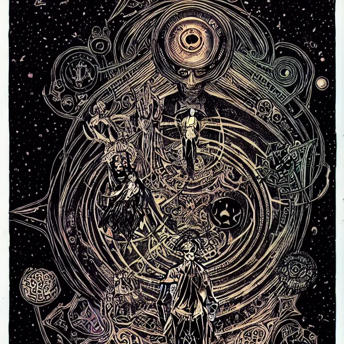 Prompt: black paper + tarot card + eldritch god, vintage detailed sci - fi illustration designed by marc simonetti and mike mignola + psychedelic black light style + intricate ink illustration + symmetry + bloodborne