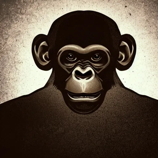 Image similar to [mobster chimp, close up, abstract logo on a dark background]