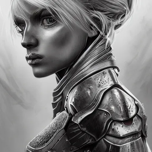 Prompt: portrait of a heavily armored blonde woman, magical, gloomy atmosphere, trending on artstation, hyper detailed