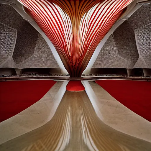 Image similar to interior of a futuristic lotus temple with gold, red and white marble panels, shafts of sunlight in the centre, in the desert, by h r giger, intricate contemporary architecture with art nouveau motifs, photo journalism, photography, cinematic, national geographic photoshoot