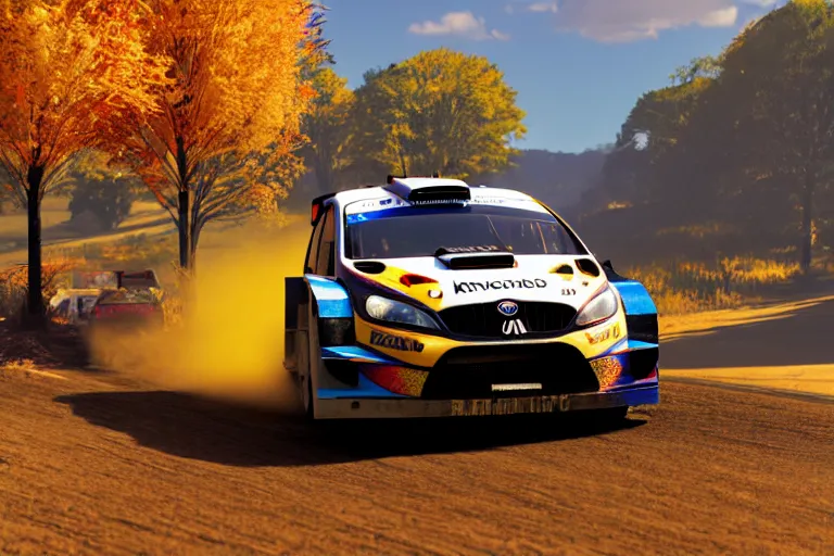 Prompt: wrc rally car stylized, design 3 d max vray maya pixar unreal 5, hyperrealistic, octane render, dynamic lighting, intricate detail, harvest fall vibrancy, cinematic beeple, by thomas kinkade global illumination ray tracing hdr, art gta 5 cover, official fanart behance hd artstation by jesper ejsing, by rhads, makoto shinkai