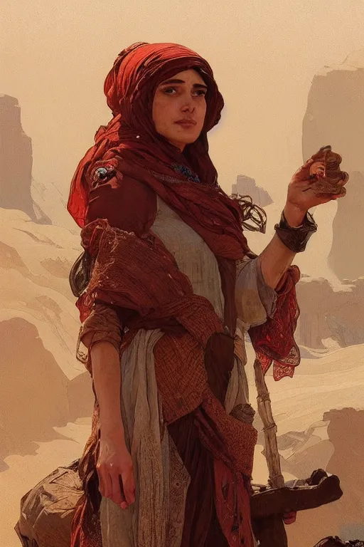 Image similar to A full portrait of an ancient Bedouin traveling spice merchant intricate, elegant, highly detailed, digital painting, artstation, concept art, smooth, sharp focus, illustration, art by Krenz Cushart and Artem Demura and alphonse mucha