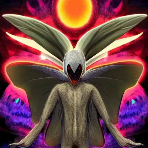 Prompt: 4K headshot of mothman with a mushroom hat and rouch clothes with giant wings , intricate face , flawless anime cel animation ,psychedelic , highly detailed upper body , professionally post-processed , beautiful, scary, symmetry accurate features, epic, octane rendered, anime masterpiece, accurate