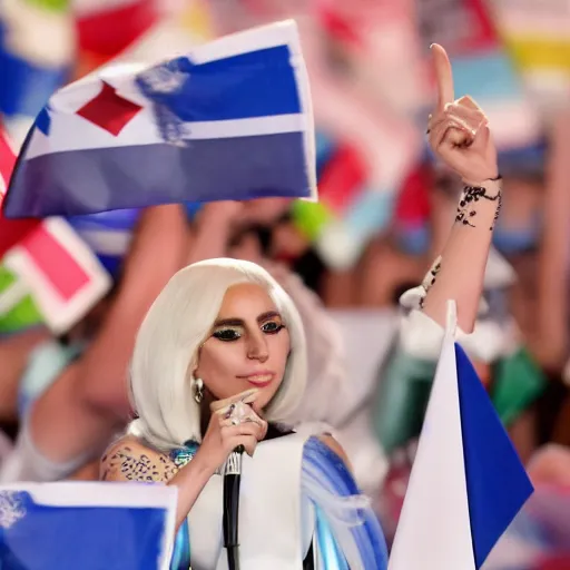 Image similar to Lady Gaga in the Argentine congress, Flags of Argentina behind, bokeh, detailed, hd, as Cristina Kirchner