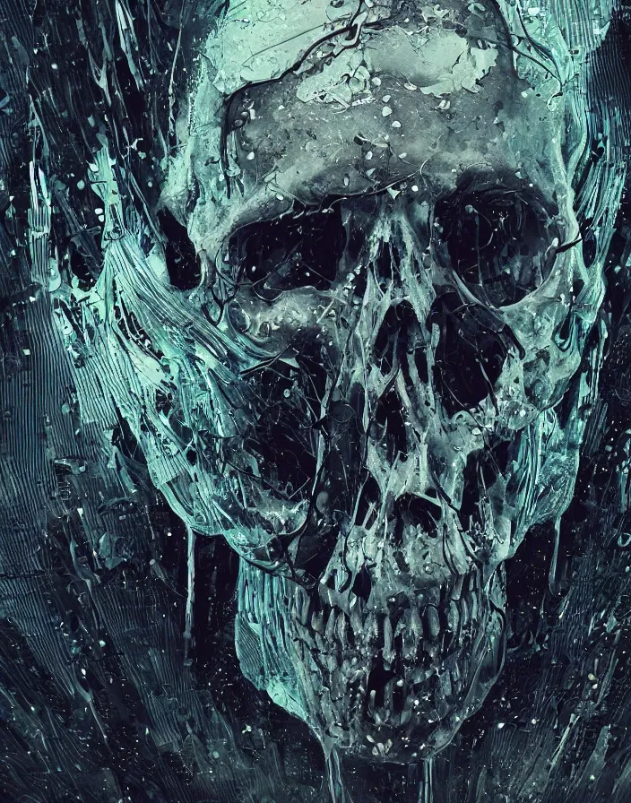 Image similar to portrait of a melting skull. intricate abstract. sharp teeth. delicate artwork. by Tooth Wu, wlop, beeple, dan mumford. octane render, trending on artstation, greg rutkowski very coherent symmetrical artwork. cinematic, hyper realism, high detail, octane render, 8k, depth of field, bokeh. iridescent accents. blade runner.