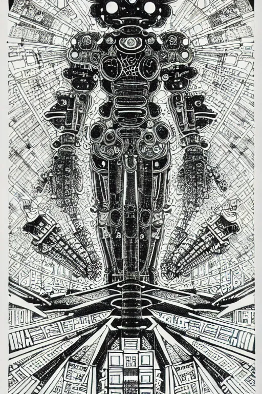 Image similar to a black and white drawing of futuristic ancient japanese temple mech, bioluminescence, a detailed mixed media collage by eduardo paolozzi and ernst haeckel, intricate linework, sketchbook psychedelic doodle comic drawing, geometric, deconstructivism, matte drawing, academic art, constructivism