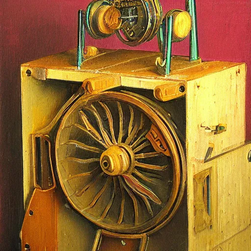 Image similar to an impressionistic painting of a wooden machine that is unrecognizable and hard to understand