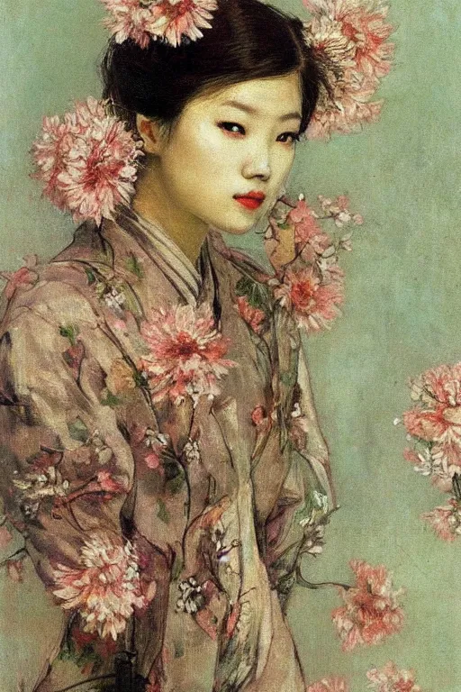 Image similar to close - up fashion asian woman portrait airy flowers clouds art by vasnetsov