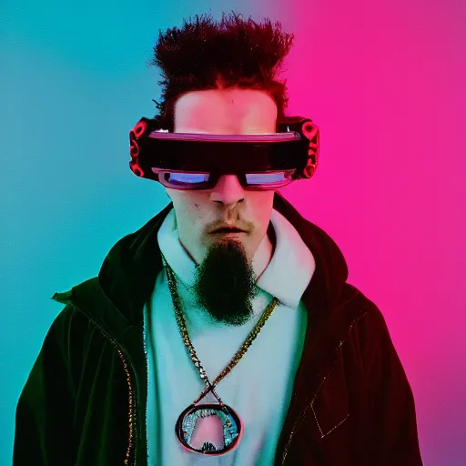 Prompt: kodak ektar 1 0 0 photograph of a cybergoth guy wearing goggles and eclectic jewelry, moody lighting, telephoto, 9 0 s vibe, blurred background, vaporwave colors, faded!,