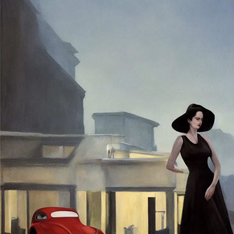 Prompt: Eva Green on a roof, fog, early morning, , painted by Edward Hopper, painted by Wayne Barlow, airbrush