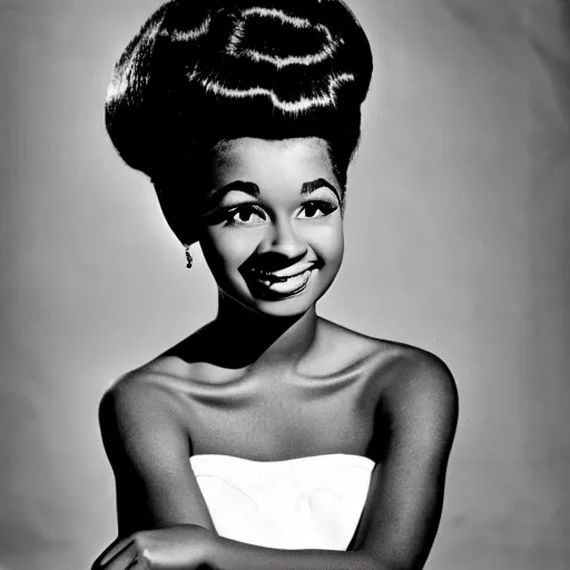 Prompt: black and white photo of a beautiful and elegant 1 9 5 9 young black actress with four in her hair