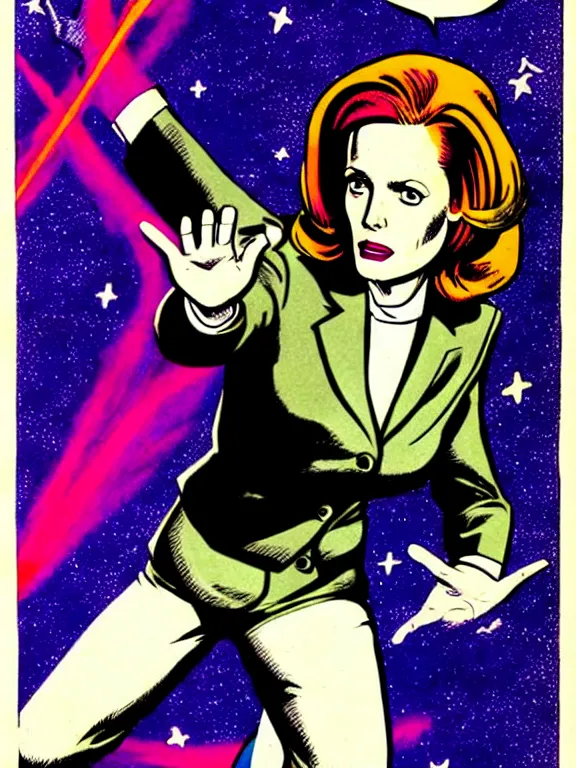 Image similar to dana scully illustrated by jack kirby, floating, hand outstretched, energy effects, power cosmic, poster, pen - and - ink illustration, kirby inks