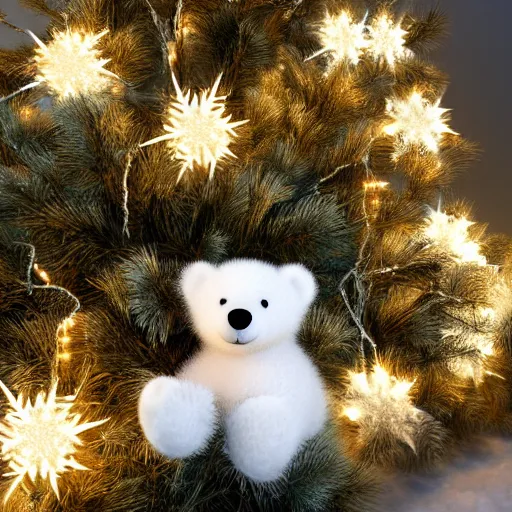 Prompt: cute fluffy white baby polar bear cub sitting in snowy winter christmas tree landscape with holiday lights detailed painting 4k