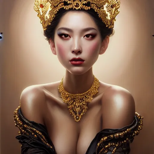 Prompt: expressive oil painting, of alluring european princess, loving seductive look, smooth glowing skin, glistening body, love, adoration, blushing, ornate headpiece made of black beads, glamour shot, slim, by yoshitaka amano, by greg rutkowski, by jeremyg lipkinng, by artgerm, digital art, octane render, white dress