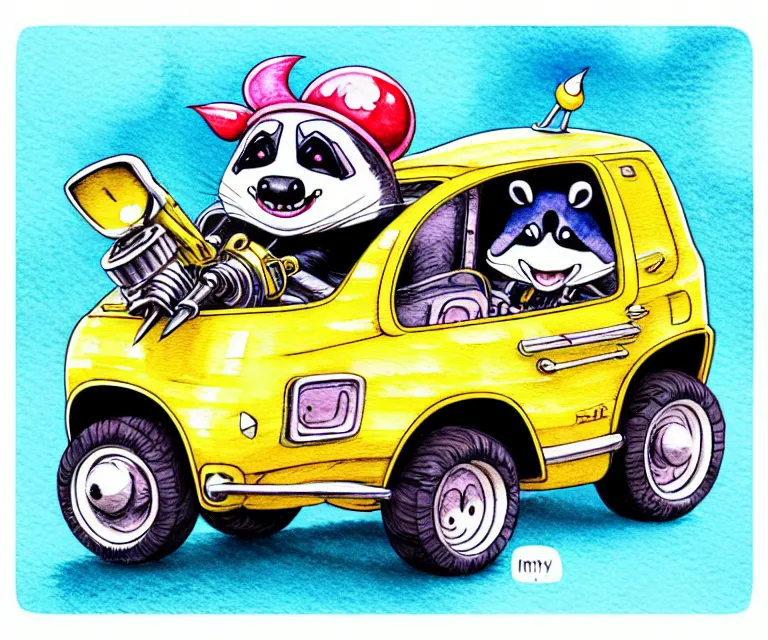 Image similar to cute and funny, racoon wearing a helmet riding in a tiny clown car with oversized engine, ratfink style by ed roth, centered award winning watercolor pen illustration, isometric illustration by chihiro iwasaki, edited by range murata, tiny details by artgerm and watercolor girl, symmetrically isometrically centered, focused