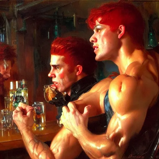 Prompt: attractive muscular male with red hair and muscular attractive male with black hair, drinking their hearts out, in a pub. very defined and highly detailed painting by gaston bussiere, j. c. leyendecker, craig mullins 8 k