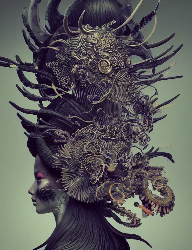 Image similar to 3 d goddess close - up frontal portrait with ram skull. beautiful intricately detailed japanese crow kitsune mask and clasical japanese kimono. betta fish, jellyfish phoenix, bio luminescent, plasma, ice, water, wind, creature, artwork by tooth wu and wlop and beeple and greg rutkowski