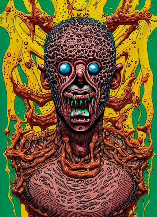 Image similar to messi's disgusting true form bursting from within, gross, slimy, sleazy, pustules, high details, intricate details, by dan mumford