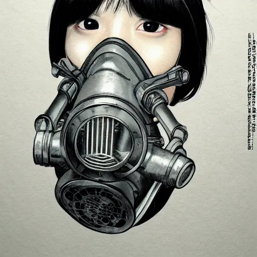 Prompt: girl silver hair, multicam, gas mask, realistic illustration by Hiroaki Samura, portrait