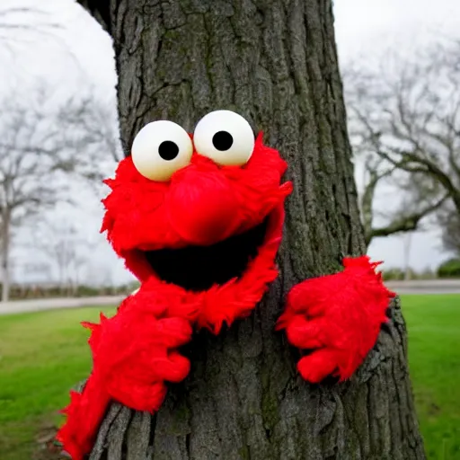 Prompt: Creepy Elmo behind a tree