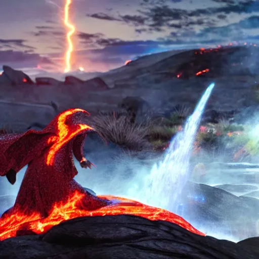 Prompt: epic battle between two wizards, lava in the background, cinematic, establishing shot