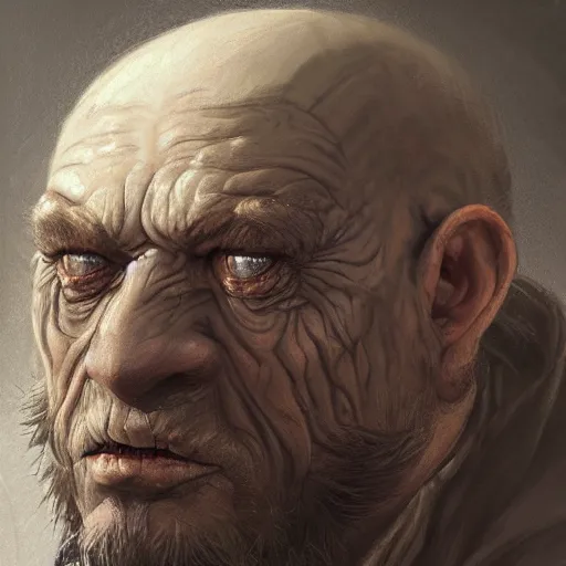 Image similar to a detailed matte head - on portrait painting of an ugly old hobbit man, with a large scar and missing teeth portrait by charlie bowater, lise deharme, wlop, tending on arstation, dungeons and dragon, dnd, pathfinder, fanart, oil on canvas